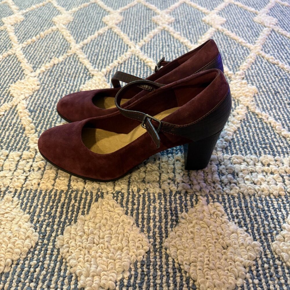 SOLD X Clark’s Collection Suede Maroon & Snakeskin Block Heels